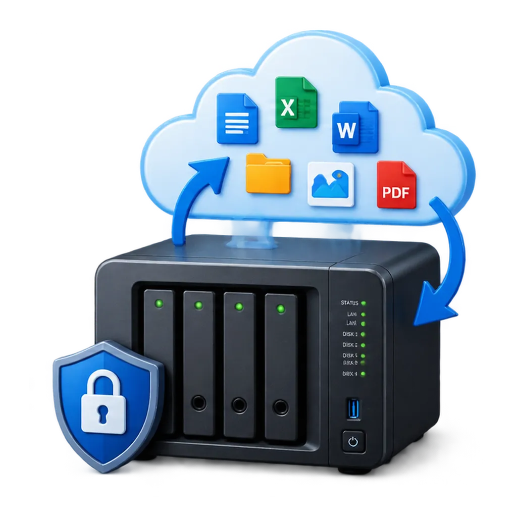 Ilustración de copias de seguridad con NAS, nube y archivos protegidos